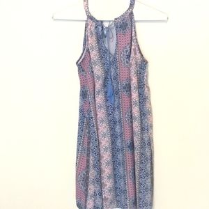 Pink Rose Blue Batik Geometric Keyhole Sleeveless Spring Summer Shift Sun Dress